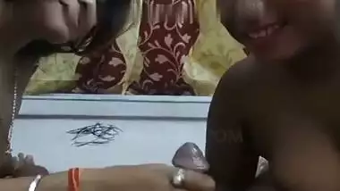 Pervert gets a blowjob from his GF and Bhabhi in desi sex